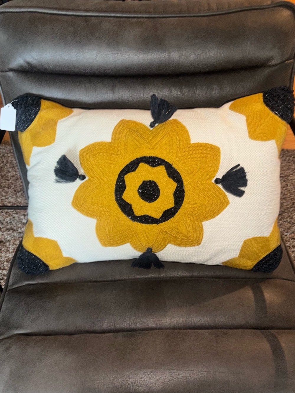 Set of 2 Decorative Yellow and Black Floral Accent Pillows
